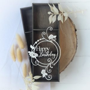 decorative happy birthday frame with flowers and swirls laser cut chipboard