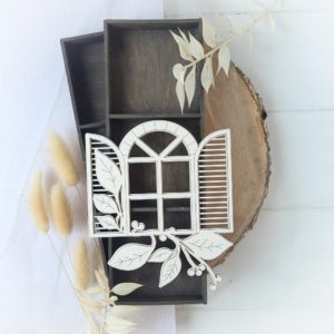 2 layer decorative laser cut window with leaves chipboard embellishment