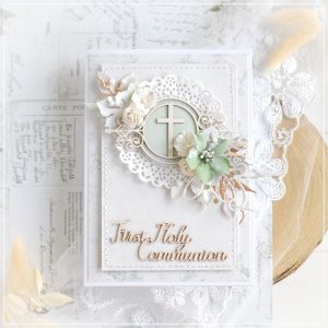 personalised first holy communion card with laser cut cross frame and flowers