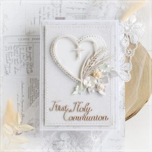 personalised first holy communion card with box decorated with cross heart frame laser cut chipboard and flowers