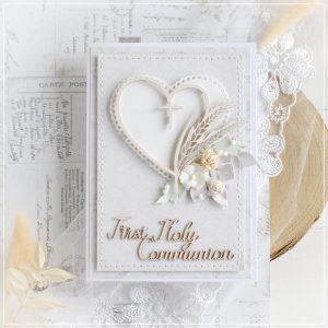personalised first holy communion card with box decorated with cross heart frame laser cut chipboard and flowers