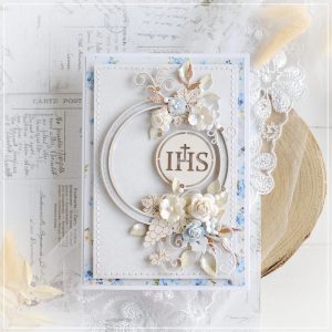 personalised first holy communion card with box decorated with flowers and laser cut chipboard frame and host