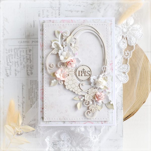 personalised first holy communion card with box decorated with laser cut frame, host and flowers