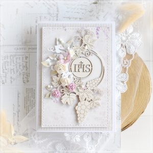 personalised first holy communion card decorated with flowers, laser cut chipboard frame and host
