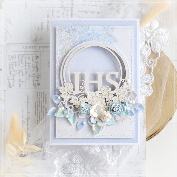 personalised first holy communion card with box decorated with laser cut ihs frame