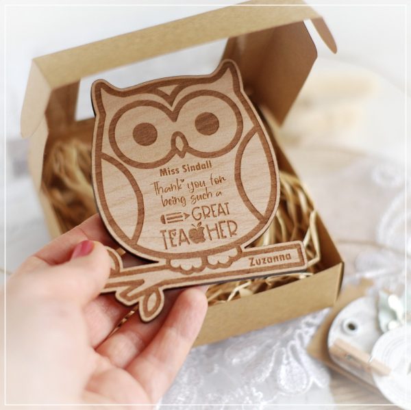 personalised owl shaped thank you teacher wooden magnet