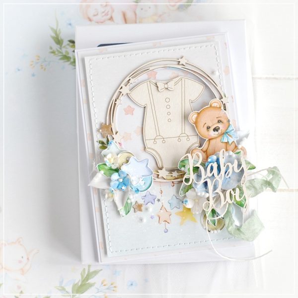 handmade new baby boy card decorated with laser cut chipboard embellishments