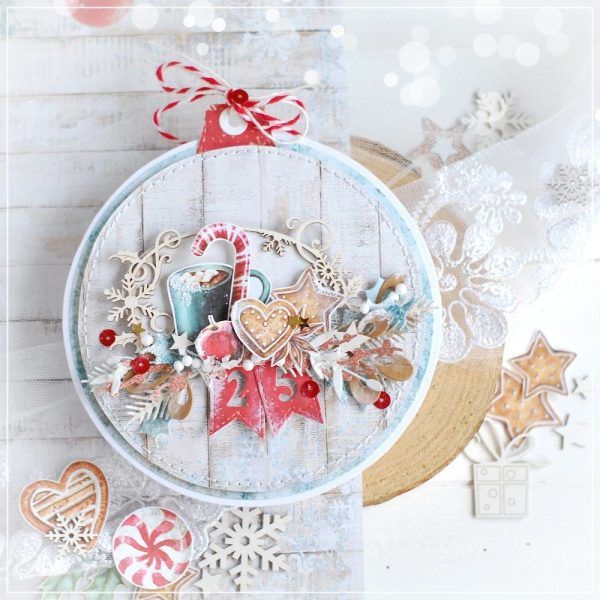 handmade bauble shaped christmas card decorated with laser cut chipboard embellishments