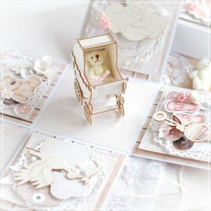 personalised new baby exploding box card with 3d pram laser cut chipboard