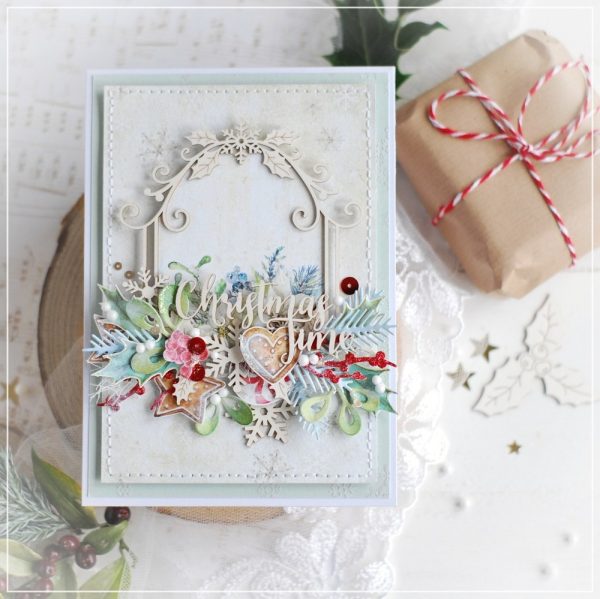 handmade christmas time card with laser cut chipboard embellishments