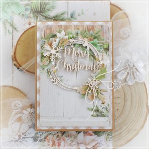 merry christmas handmade card with laser cut chipboard frame and snowflakes