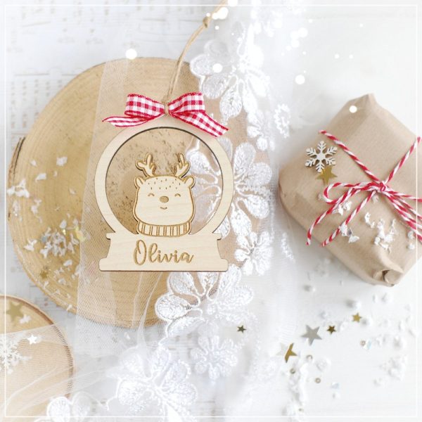 personalised wooden engraved snow globe christmas tree decoration