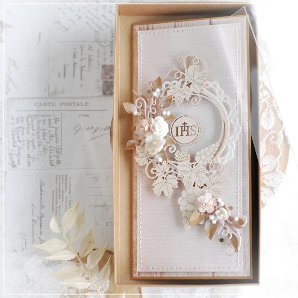 first holy communion card with laser cut frame host and flowers