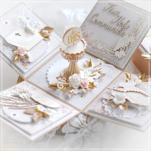 personalised first holy communion card box decorated with 3d chalice chipboard