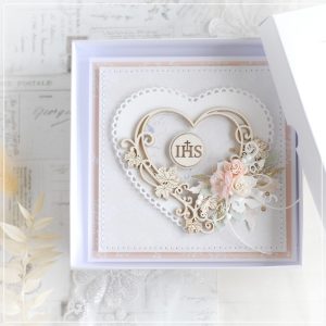 personalised first holy communion card decorated with heart frame and ihs