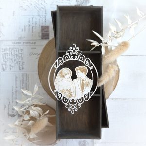 decorative laser cut frame with engraved wedding couple chipboard