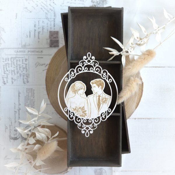 decorative laser cut frame with engraved wedding couple chipboard