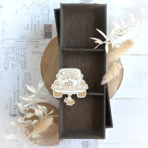 decorative laser cut wedding card with just married sign and trailing cans engraved chipboard element
