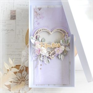 personalised handmade wedding card in lilac colour decorated with heart chipboard frame flowers and engraved sentiment to you both