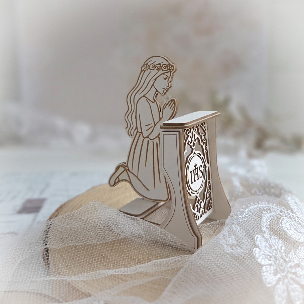 bloomar-designs-first-holy-communion-3d-kneeler-02-decorative-laser-cut-chipboard-embellishment-a1 decorative laser cut chipboard 3d prayer kneeler with engraved praying girl