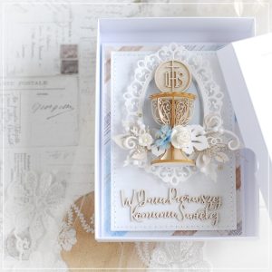 personalised first holy communion card in polish decorated with 3d chalice