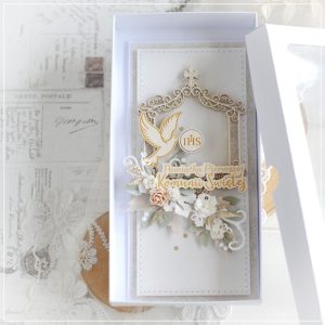 personalised handmade first holy communion card in polish with dove and ihs symbol