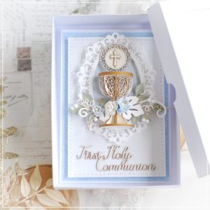 personalised handmade first holy communion card with 3d chalice in matching box