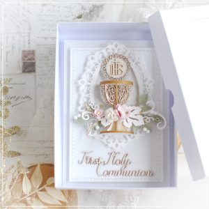 personalised handmade first holy card with 3d chalice in matching box