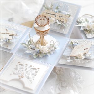 personalised handmade first holy communion exploding box card decorated with 3d chalice