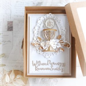 personalised handmade first holy communion card with box and 3d chalice