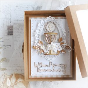 personalised handmade first holy communion card with box decorated with 3d chalice